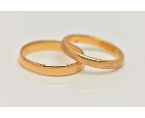 TWO 22CT GOLD BAND RINGS, the first a plain polished band ring, approximate width 2.5mm x depth 1.2mm, hallmarked 22ct Birmin