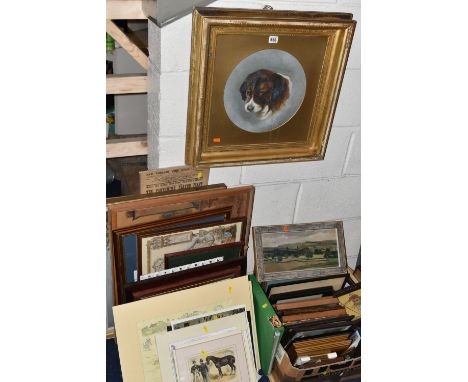 A SMALL QUANTITY OF PICTURES AND PRINTS ETC, to include an early 20th century oil on canvas depicting a portrait of a dog ini