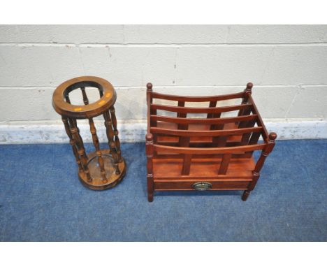 A REPRODUCTION MAHOGANY MAGAZINE RACK, with a single drawer, along with a stick stand (condition report: general signs of wea