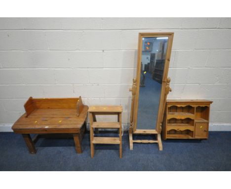 A SELECTION OF PINE OCCASIONAL FURNITURE, to include a coffee table, width 89cm x depth 45cm x height 51cm, two wall shelves,