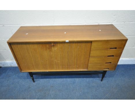WRIGHTON, A MID CENTURY TOLA AND BLACK SIDEBOARD, fitted with four drawers and double cupboard doors, raised on tapered legs,