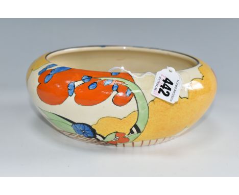 A CLARICE CLIFF 'DEVON' PATTERN BOWL, painted with a stylised landscape on a cream ground, backstamp reading 'Fantasque, Hand