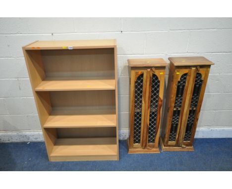 AN IKEA BOOKCASE, with two adjustable shelves, width 76cm x depth 31cm x height 124cm, along with a pair of hardwood cd racks