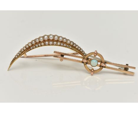 TWO BROOCHES, the first a late 19th century yellow metal crescent brooch, set with graduating seed pearls, approximate length