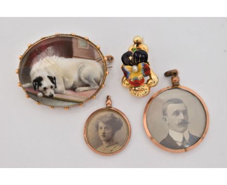TWO 9CT GOLD DOUBLE PHOTO PENDANTS, AND TWO YELLOW METAL BROOCHES, the first locket of a circular form, set with two photos o
