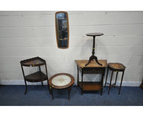 A GEORGIAN MAHOGANY CORNER WASH STAND, with a raised back, two dummy drawers, flanking a single drawer, width 58cm x depth 42