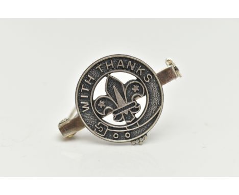 A SILVER SCOUTS BADGE, inscribed 'With Thanks', hallmarked 'Toye, Kenning &amp; Spencer' Birmingham 2001, fitted with a brooc