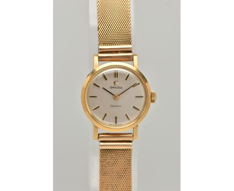 AN 18CT GOLD LADY'S OMEGA WATCH, WITH CASE, the circular silver coloured face with baton markers, stamped Omega Geneve Swiss 