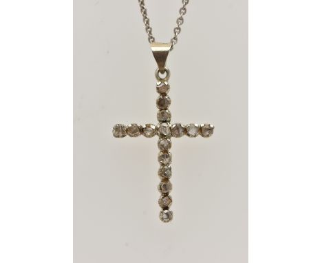 A DIAMOND CROSS PENDANT AND CHAIN, the cross pendant set with rough/flat cut diamonds, suspended from a belcher link chain, s