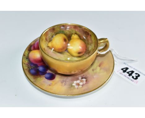 A ROYAL WORCESTER FALLEN FRUITS SMALL TEACUP AND SAUCER, the cup with gilt exterior, interior painted with pears and damsons 