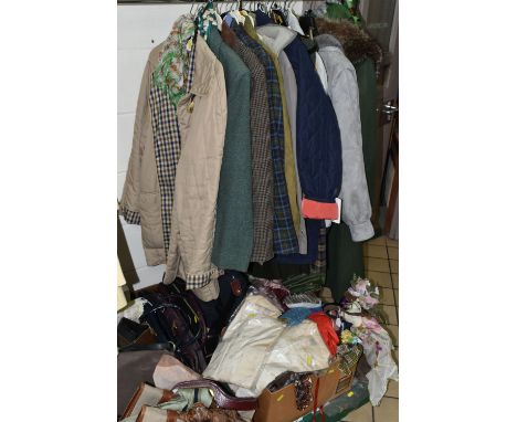 FIVE BOXES AND LOOSE LADIES' CLOTHING AND ACCESSORIES, to include a green 'Aqua 5' Aquascutum long length coat with fur shawl