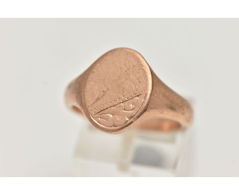 A 9CT ROSE GOLD GENTS SIGNET RING, oval polished form with foliate pattern, leading onto a polished band, hallmarked 9ct Birm