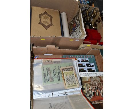 THREE BOXES OF EPHEMERA, BOOKS &amp; SUNDRIES to include a folder containing foreign banknotes, cheque books, 1960's Pop musi