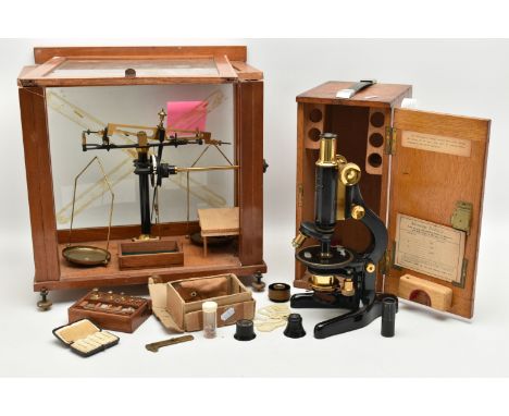 AN EARLY 20TH CENTURY BRASS 'KIMA,' PETROLOGICAL MICROSCOPE, A SET OF BRASS SCALES AND GEMMOLOGICAL INSTRUMENTS, the microsco