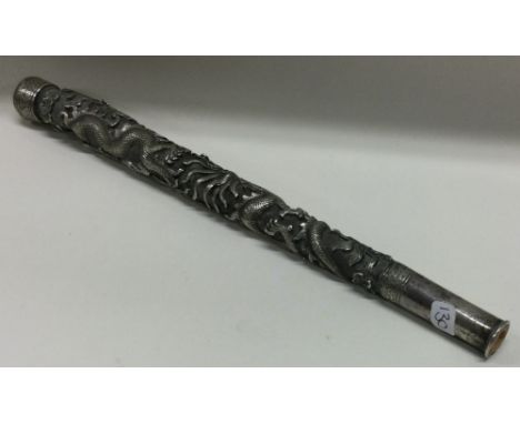 A rare 19th Century Chinese export silver parasol / walking stick handle. Approx. 105 grams. Est. £150 - £200.