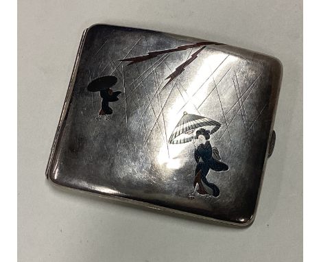 A Japanese silver cigarette case depicting a woman with an umbrella. Signed to back. Approx. 94 grams. Est. £100 - £150.