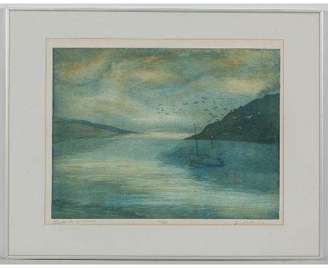 * TOM MACKENZIE,
TRAWLER EARLY MORNING 
etching,titled and numbered 14/40 in pencil
45.5cm x 60.5cm 
Mounted, framed and unde