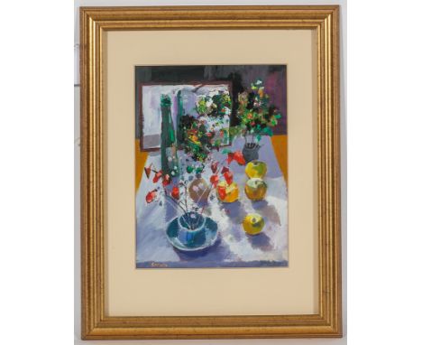 * DAVY BROWN,
CHINESE LANTERN WITH DRIED FLOWERS
oil on board, signed, further signed, titled  and dated '97 verso
38cm x 31c