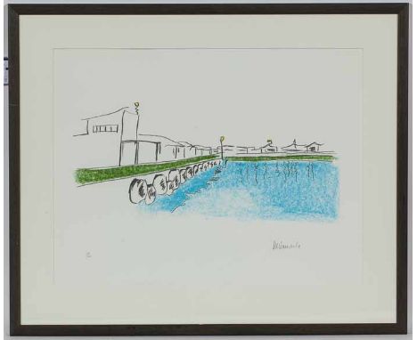 NELSON MANDELA,
MY ROBBEN ISLAND - THE HARBOUR
coloured lithograph, signed in pencil
48.5cm x 63cm
Mounted, framed and under 