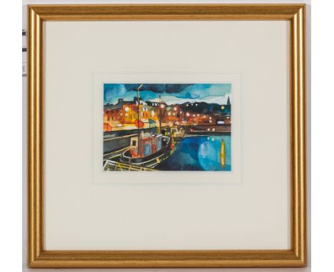 BRYAN EVANS,
DUSK LIGHT AND REFLECTIONS - ROTHESAY HARBOUR
watercolour, signed
11cm x 15cm
Mounted, framed and under glass