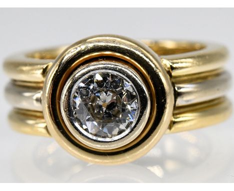   Massiver Ring mit Altschliff-Diamant ca. 1 ct, Juweliersarbeit, 90- er Jahre. 750/- Gelb- und Weißgold. Gesamtgewicht ca. 1