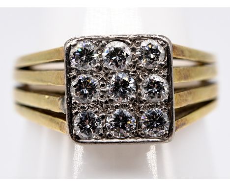   Ring mit 9 Brillanten, zus. ca. 0,8 ct, 70- er Jahre. 585/- Gelb- und  Weißgold. Gesamtgewicht ca. 8,7 g. 9 erhöhte Krappen
