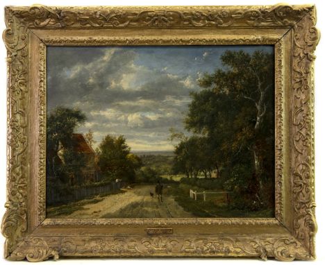 PATRICK NASMYTH (SCOTTISH 1787 - 1831), FIGURES WITH DOGS ON A COUNTRY ROAD oil on panel, signed and dated 1821 40cm x 56cm F