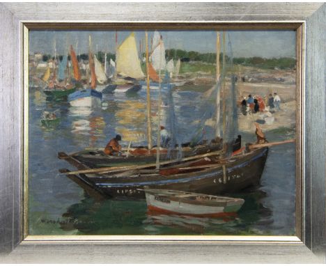 WILLIAM MARSHALL BROWN RSA RSW (SCOTTISH 1863 - 1936), BOATS IN HARBOUR oil on canvas, signed 36cm x 46cm Framed. Note: Willi