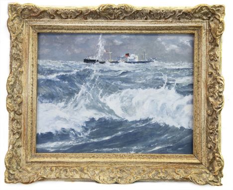 * ARTHUR HENRY TURNER (BRITISH 1901 - 1970), CLYDE STEAMSHIP IN ROUGH SEAS mixed media on canvas board, signed 35cm x 46cm Fr