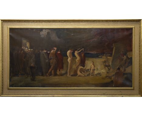 ROBERT BROUGH RSA (SCOTTISH 1872 - 1905), SUCH BURIAL, THEN THE ILLUSTRIOUS HECTOR FOUND oil on canvas 68cm x 185cm Framed. L