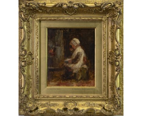 ROBERT GEMMELL HUTCHISON RSA RBA ROI RSW (SCOTTISH 1855-1936), THE MORNING MEAL oil on panel, signed; titled on the gilt slip