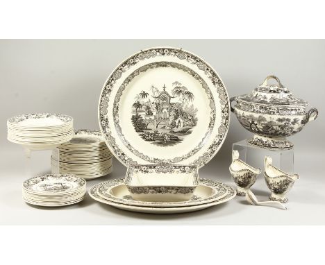 A COMPREHENSIVE LATE 19TH CENTURY CREIL IRONSTONE PART DINNER SERVICE, cream ground with black transfer printed decoration in