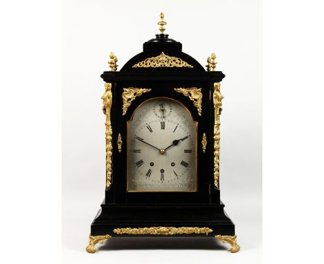 A GOOD GEORGE III DESIGN EBONISED AND ORMOLU BRACKET CLOCK, 20th Century, the eight day movement with nine bells, striking on