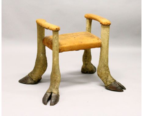 A HIGHLY UNUSUAL STOOL, possibly by Rowland Ward, with a leather upholstered seat and arm rests, supported on four giraffe le