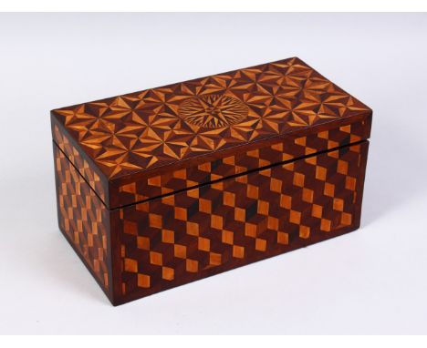 A VERY GOOD 19TH CENTURY TUNBRIDGE WARE MARQUETRY TEA CADDY with two boxes and mixing bowl. 12ins long.