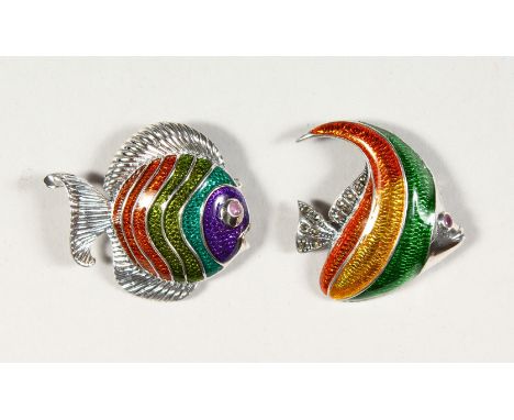 TWO SILVER AND ENAMEL TROPICAL FISH BROOCHES.
