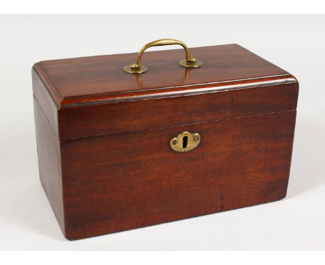 A GEORGE III MAHOGANY TEA CADDY, fitted with three compartments. 9.5ins wide.