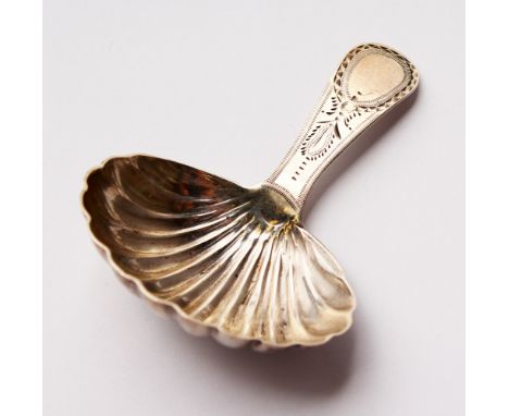 A GEORGE III CADDY SPOON. London 1802.  Maker: Duncan Urquhart &amp; Naphtali Hart.