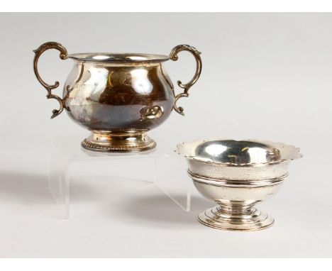 A CIRCULAR TWO-HANDLED SUGAR BASIN, London 1960, and A PEDESTAL SUGAR BOWL, London 1950 (2). Sugar basin 14cm at widest point