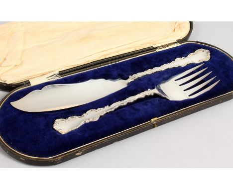 A FISH SLICE AND FORK, in a fitted case. Sheffield 1936. Knife 30cm Fork 23.5cm