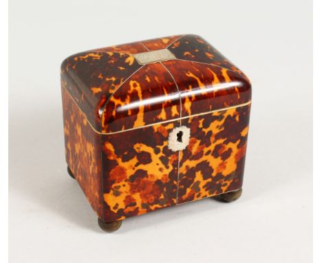 A GOOD SMALL GEORGE III TORTOISESHELL AND IVORY TWIN COMPARTMENT TEA CADDY, with engraved silver plaque and escutcheon. 4.5in