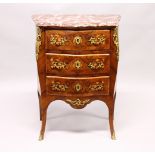 A GOOD SMALL 19TH CENTURY FRENCH KINGWOOD BOMBE COMMODE, with rouge marble top, ormolu mounts, three