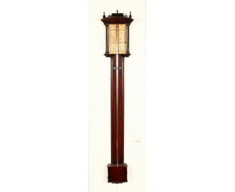 A 19TH CENTURY MAHOGANY STICK BAROMETER, by John Corti. 3ft 2ins high.