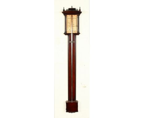 A 19TH CENTURY MAHOGANY STICK BAROMETER, by John Corti. 3ft 2ins high.