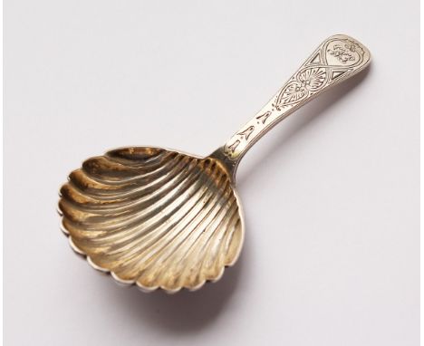 A VICTORIAN SCOTTISH CADDY SPOON. Edinburgh 1870.  Maker: W.M., with a crown. Egloskerry Church Plate.