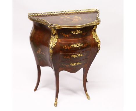 A VERNIS MARTIN PETITE BOMBE COMMODE, mid 20th Century, the galleried top painted with young lovers, over four small drawers,