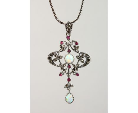 A RUBY, MARCASITE AND OPAL NECKLACE.