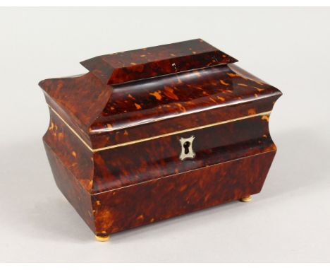 A 19TH CENTURY TORTOISESHELL TEA CADDY, of sarcophagus form, on ivory feet. 6ins wide.