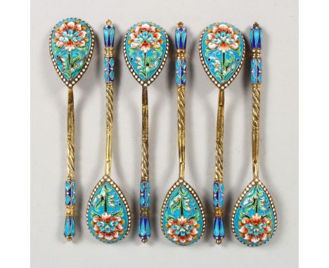 A SET OF SIX RUSSIAN SILVER AND ENAMEL SPOONS.