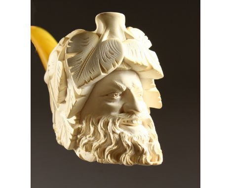 A VERY GOOD MEERSCHAUM PIPE, the bowl modelled as BACCHUS, in a fitted case.